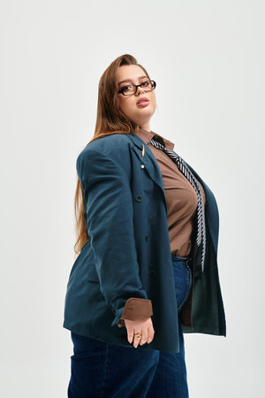 A confident plus size woman radiates style in her chic outfit.のeditorial素材