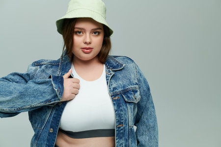 Plus size woman showcases her unique style with confidence in a comfy outfit and trendy hat.のeditorial素材