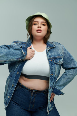 A young plus size woman confidently showcases her fashion sense in a denim jacket and hat.のeditorial素材