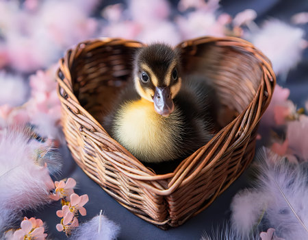 A charming duckling relaxes in a heart-shaped basket adorned with soft blossoms and feathers.の素材