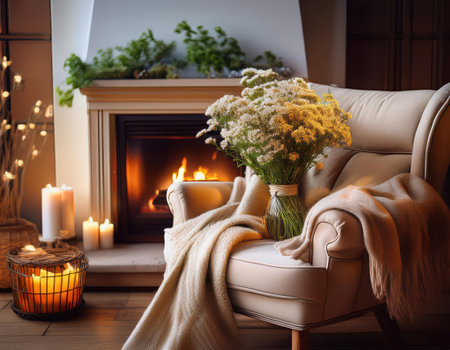 A cozy atmosphere with flowers by a glowing fireplace, perfect for Valentineの素材