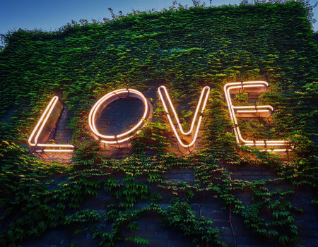 Neon lights spell out love on a wall adorned with lush greenery, creating a romantic atmosphere.の素材