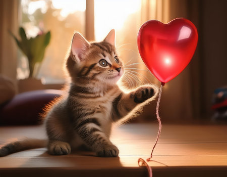 A playful kitten joyfully interacts with a shiny red heart balloon in a warm, cozy setting.の素材