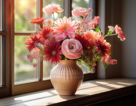 A stunning bouquet filled with vibrant flowers brightens the window on Valentine's Day.の素材