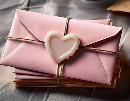 Delicate pink envelopes tied with twine hold heartfelt messages for loved ones on Valentine's Day.の素材