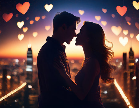 Two lovers share an intimate moment against a romantic skyline at sunset on Valentine's Day.の素材