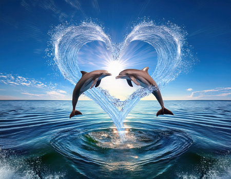 Two dolphins leap joyfully, creating a heart shape in sparkling water under a bright sun.の素材