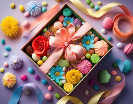 A beautifully arranged gift box brimming with sweets and flowers, celebrating Women's Day.の素材