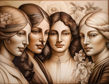 Four diverse women unite to represent empowerment and women's rights on March 8.の素材