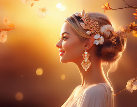 A woman adorned with natural elements embodies grace and strength on March 8.の素材