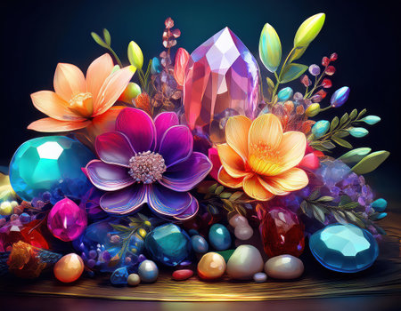 Colorful flowers and gems come together to celebrate women's rights on International Women's Day.の素材