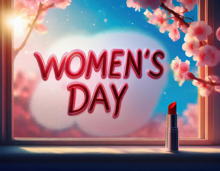 Colorful flowers frame a bright window showcasing the message for Women's Day.の素材