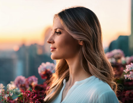 A woman stands confidently amidst blooming flowers, honoring women's rights and empowerment.の素材