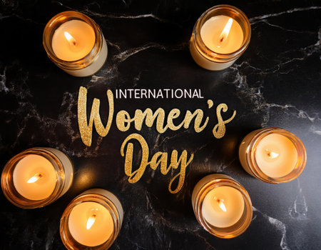 Candles glow softly around vibrant golden lettering honoring women's achievements and rights.の素材