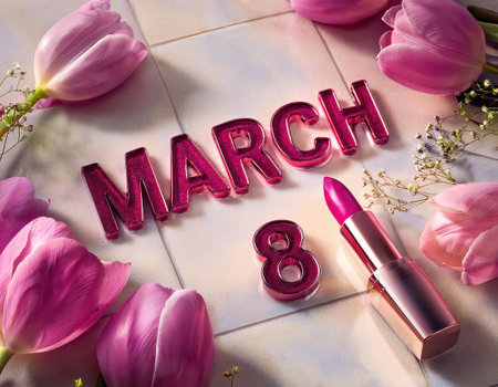 Pink flowers and vibrant lipstick commemorate the spirit of women's empowerment on March 8.の素材