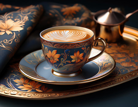 Delicate coffee set with floral designs highlights the spirit of International Women's Day.の素材