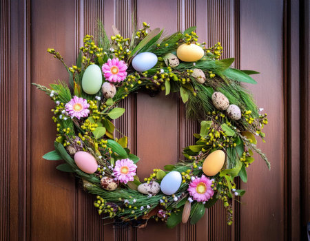 A vibrant wreath decorated with pastel eggs and flowers hangs on a wooden door, signifying Easter.の素材