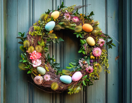 A beautiful wreath featuring pastel Easter eggs and vibrant flowers welcomes spring at the door.の素材