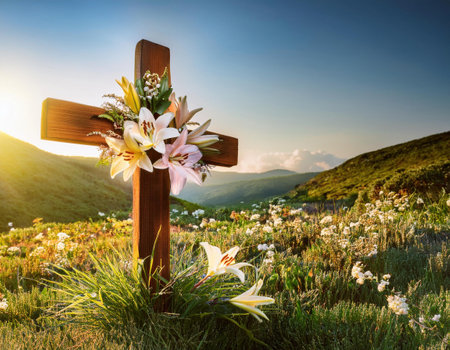 A wooden cross decorated with lilies stands amidst blooming wildflowers in springtime.の素材