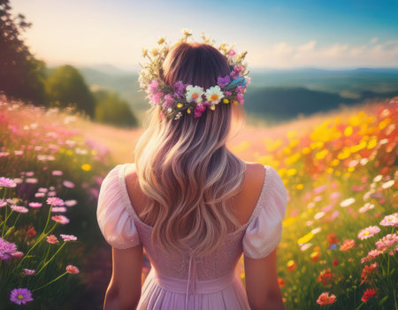 A joyful young woman in a floral crown enjoys a vibrant flower field while celebrating Easter.の素材