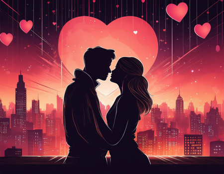 A couple shares a heartfelt moment against a vibrant city skyline filled with hearts.の素材