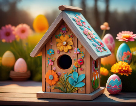 A charming birdhouse adorned with flowers and vibrant designs sits among Easter eggs and blooms.の素材