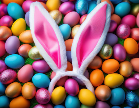 A vibrant display of pastel-colored eggs with playful bunny ears, celebrating Easter joyfully.の素材