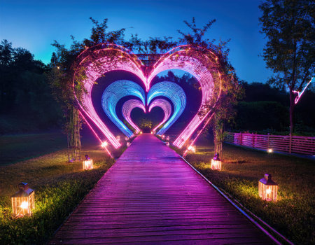 Colorful heart-shaped arches light up the romantic pathway, inviting couples to celebrate love.の素材