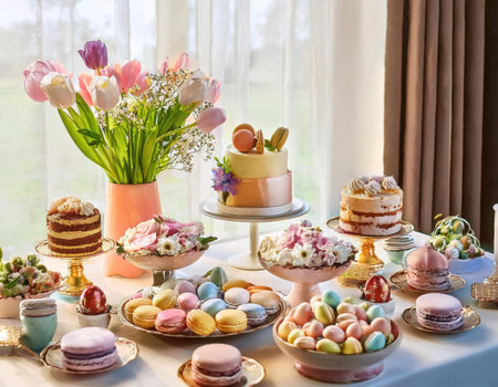A vibrant display of Easter desserts and fresh flowers creates a joyful spring atmosphere.の素材
