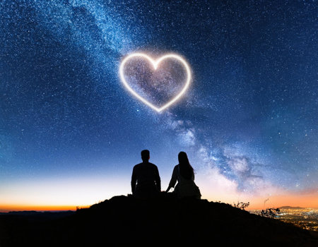 Couple sits together on a hilltop, gazing at a heart-shaped light in the starry sky.の素材