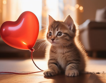 A small kitten curiously observes a heart-shaped balloon, spreading joy and love on Valentine's Day.の素材