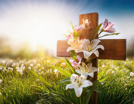 A wooden cross with white lilies stands in a vibrant grass field, embodying Easter's spirit.の素材