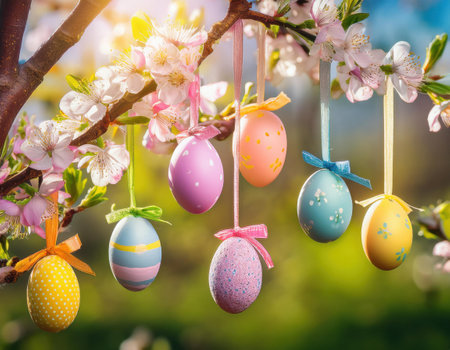 Delicate pastel easter eggs are beautifully hung among spring blossoms, capturing holiday cheer.の素材