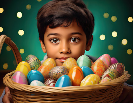 A happy child holds a basket of colorful Easter eggs, celebrating spring.の素材
