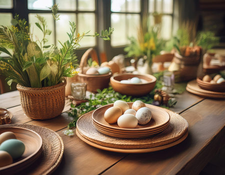 A spring table adorned with pastel-colored eggs, baskets, and vibrant decorations for Easter.の素材