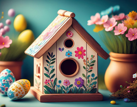 A beautifully painted birdhouse surrounded by pastel Easter eggs and vibrant flowers.の素材
