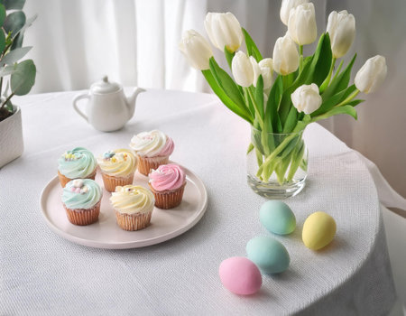 A delightful table setting featuring pastel cupcakes and colored eggs amidst blooming tulips.の素材
