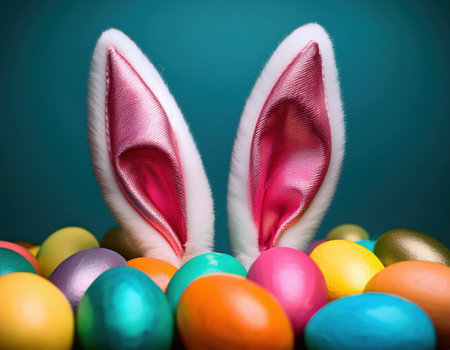 pastel eggs cover a vibrant background, with bunny ears peeking playfully above.の素材