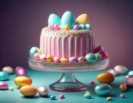 A beautifully decorated Easter cake sits on a glass stand surrounded by colorful eggs.の素材