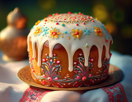 A stunning Easter cake with vibrant icing and spring flowers glimmers in the sunlight.の素材