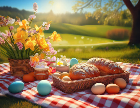 A bright picnic spread featuring easter eggs, flowers, and tasty baked goods in a park.の素材