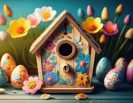 A charming display of a decorated birdhouse surrounded by brightly colored easter eggs and flowers.の素材