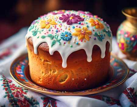 A beautifully crafted cake celebrates Easter with vibrant flower decorations and sweet icing.の素材