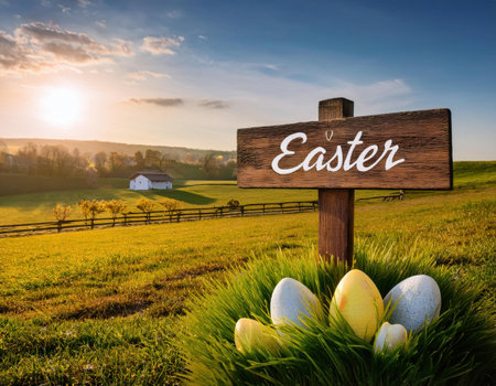 A beautiful Easter display features decorated eggs in grass, bathed in warm sunlight.の素材