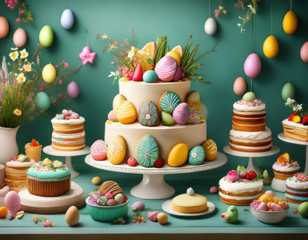 Celebrate Easter with vibrant pastel cakes and decorations full of spring joyの素材