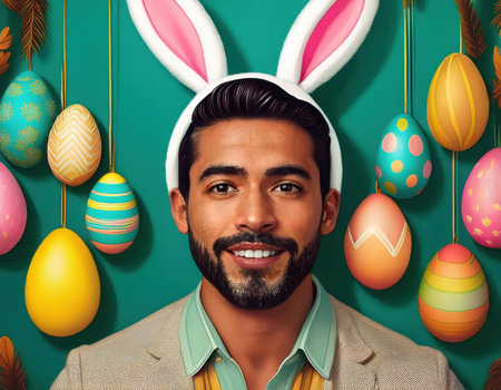 A man wearing bunny ears smiles amidst a vibrant display of Easter eggs.の素材