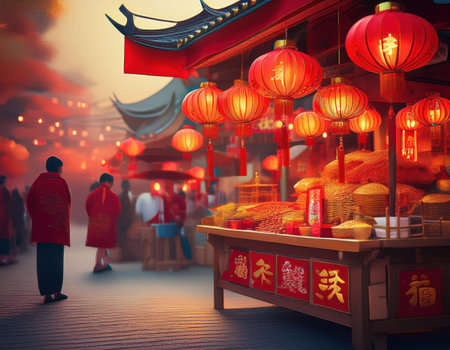 Colorful lanterns light up a lively market during Lunar New Year celebrations.の素材