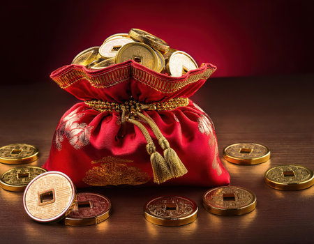 Red silk pouch overflowing with golden coins symbolizes wealth and prosperity for the new year.の素材