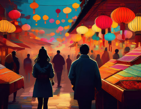 Crowds enjoy festive activities in a lively night market filled with colorful lanterns and treats.の素材