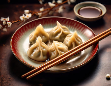 Freshly made dumplings arranged beautifully, symbolizing prosperity and new beginnings.の素材